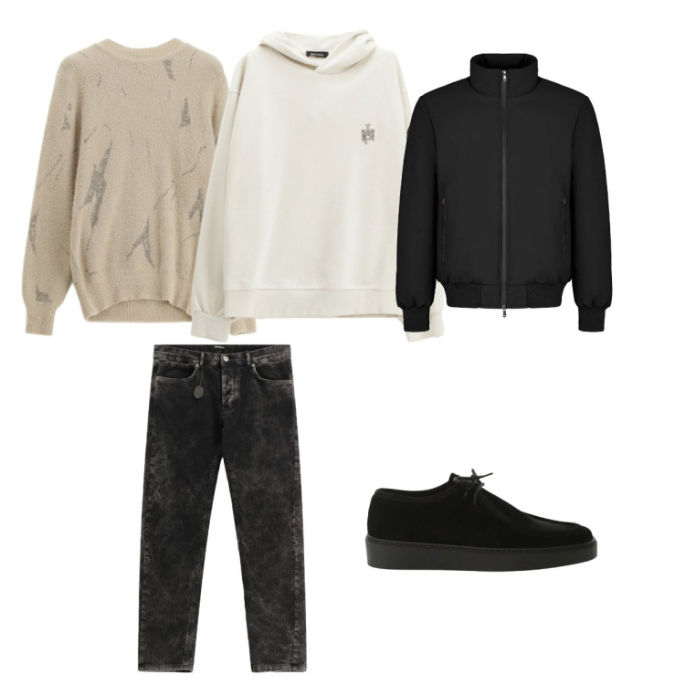 Outfit uomo - steetwear uomo. Stile Casual per Tutti i giorni. Abbinamento con felpe con cappuccio, pantaloni, maglieria, scarpe stringate, giacche.