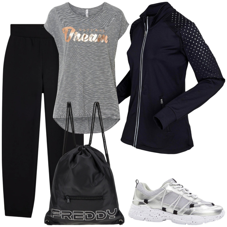 Outfit donna - Curvy Sportivo. Stile Sporty chic per Sport. Abbinamento con sneakers, giacche sportive, maglieria, zaini, pantaloni.