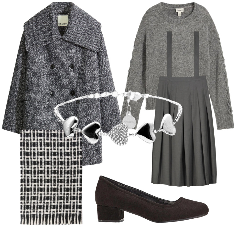 Outfit donna - Grey day. Stile Urban per Ufficio. Abbinamento con cappotti, décolleté, maglieria, braccialetti, gonne lunghe, sciarpe.
