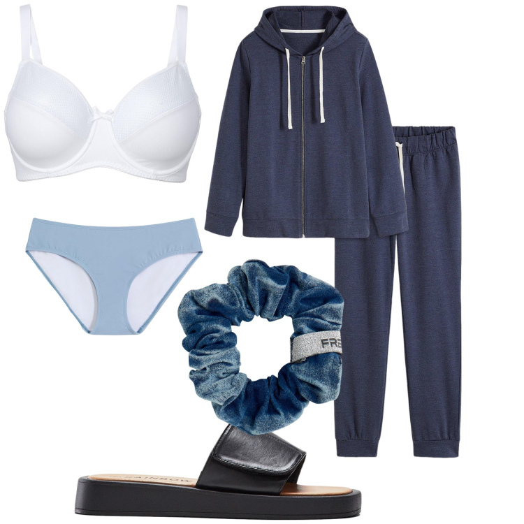 Outfit donna - La comodità della tuta in casa. Stile Basic per Tutti i giorni. Abbinamento con reggiseni, tute, culotte, ciabatte, accessori per capelli.