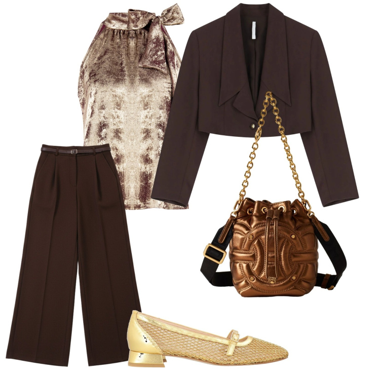 Outfit donna - Per le feste natalizie. per Serata fuori. Abbinamento con ballerine, pantaloni a palazzo, top, blazer, borse a secchiello.