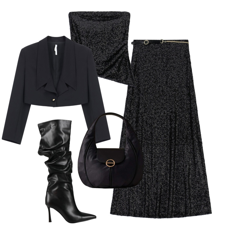 Outfit donna - Brillare in nero. Stile Chic per Serata fuori. Abbinamento con stivali, blazer, top, gonne lunghe, borse a mano.