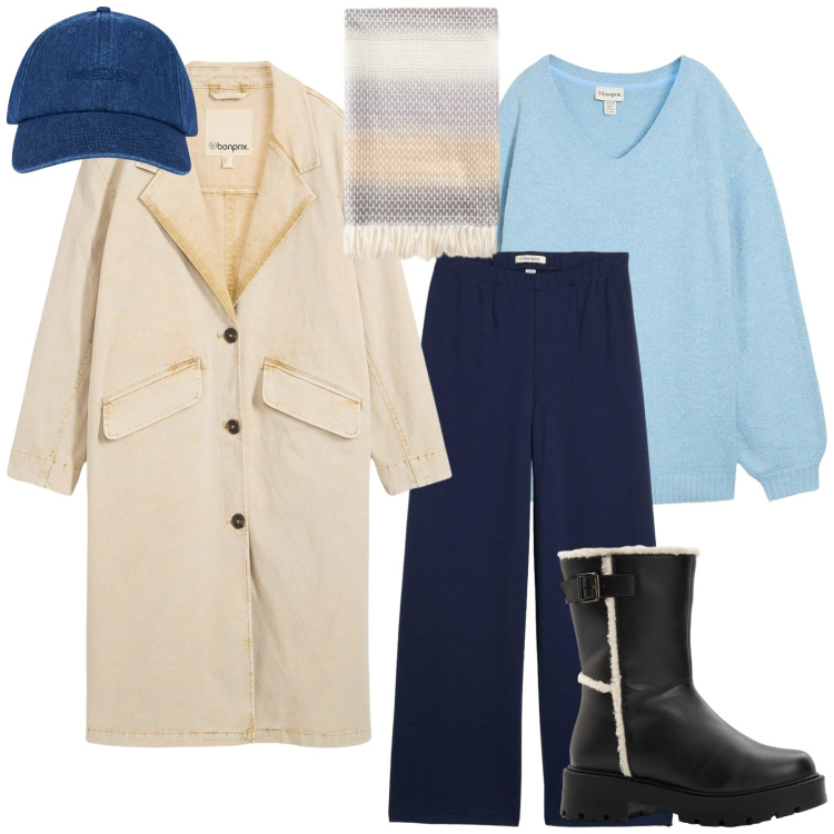 Outfit donna - Prime luci. Stile Casual per Tutti i giorni. Abbinamento con trench, maglieria, stivali, pantaloni, cappelli con visiera, sciarpe.