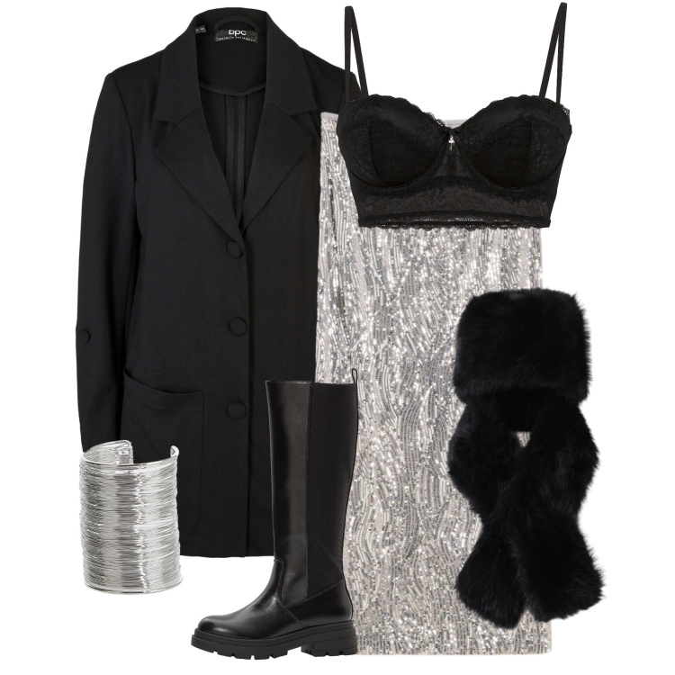 Outfit donna - Notte di Capodanno glamour. Stile Glamour per Serata fuori. Abbinamento con braccialetti, berretti, blazer, stivali, reggiseni a balconcino, gonne longuette.