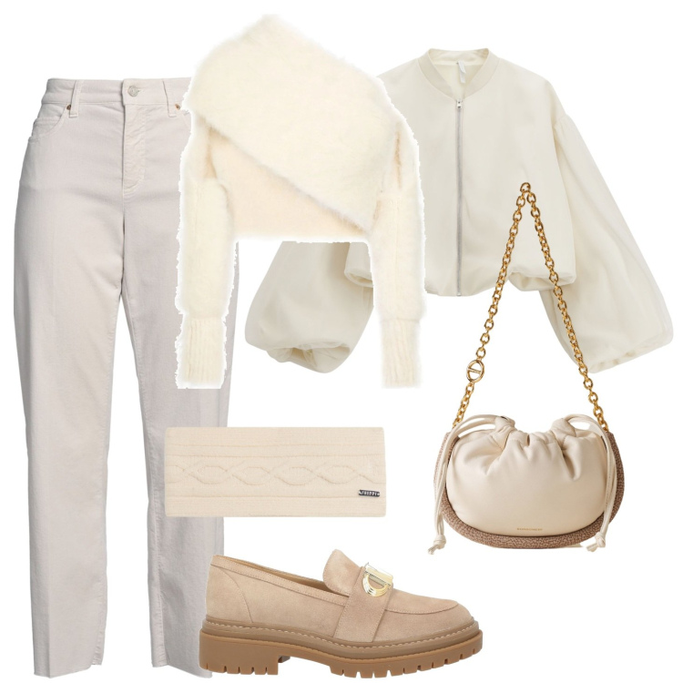 Outfit donna - Fiocco di neve. Stile Casual per Tutti i giorni. Abbinamento con top, pantaloni, mocassini, bomber, accessori per capelli, borse a spalla.