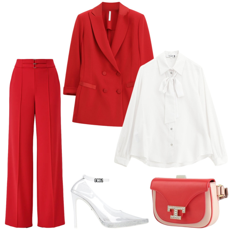 Outfit donna - Feste Serate Natalizie. Stile Chic per Cerimonia. Abbinamento con marsupi, décolleté, camicie, pantaloni a palazzo, blazer.