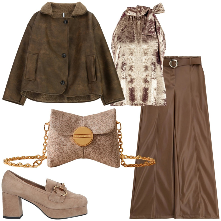 Outfit donna - Luci marroni. Stile Casual chic per Tutti i giorni. Abbinamento con mocassini, top, giacche, pantaloni, borse a tracolla.