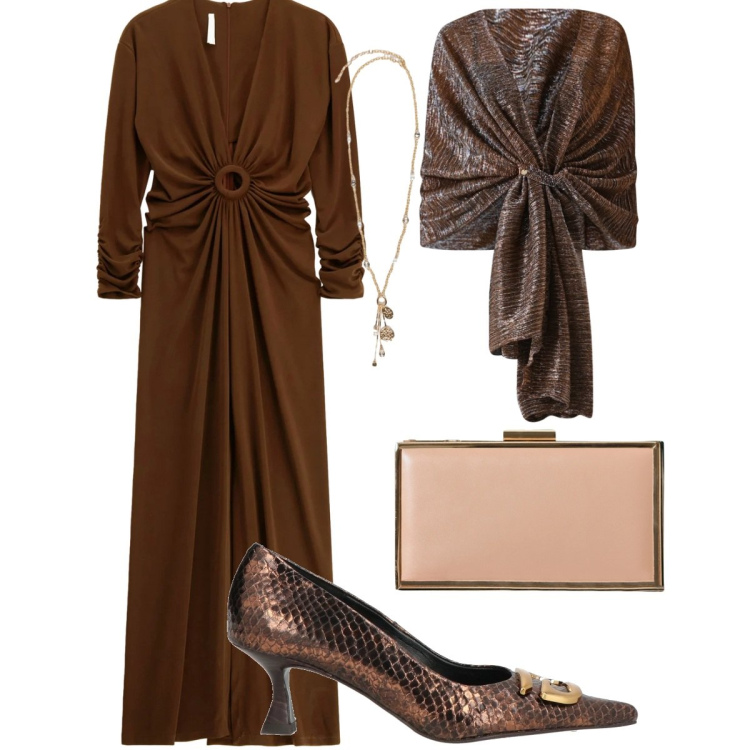 Outfit donna - Focus punto vita. Stile Chic per Serata fuori. Abbinamento con décolleté, pochette, stole, vestiti lunghi, ciondoli.