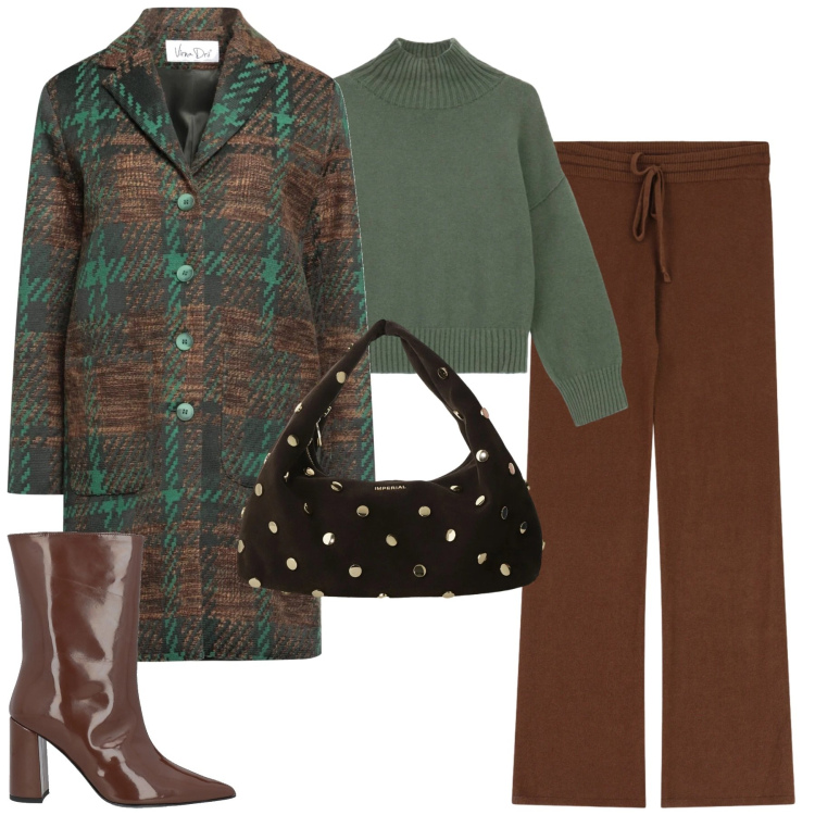 Outfit donna - Dicembre. Stile Casual chic per Tutti i giorni. Abbinamento con cappotti, stivaletti, pantaloni a palazzo, borse a spalla, maglieria.