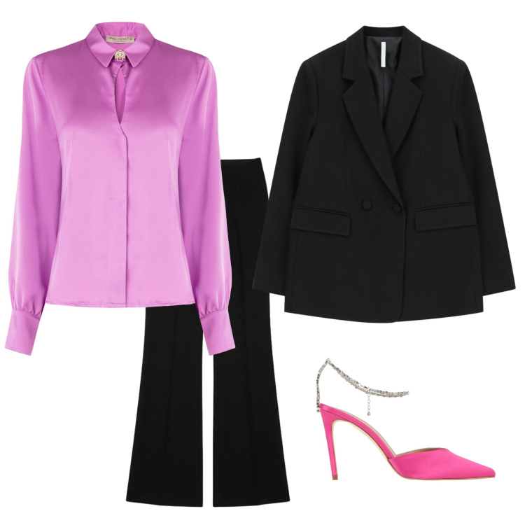 Outfit donna - Eleganza e sobrietà per le feste. Stile Glamour per Serata fuori. Abbinamento con décolleté, camicie, pantaloni a palazzo, blazer.