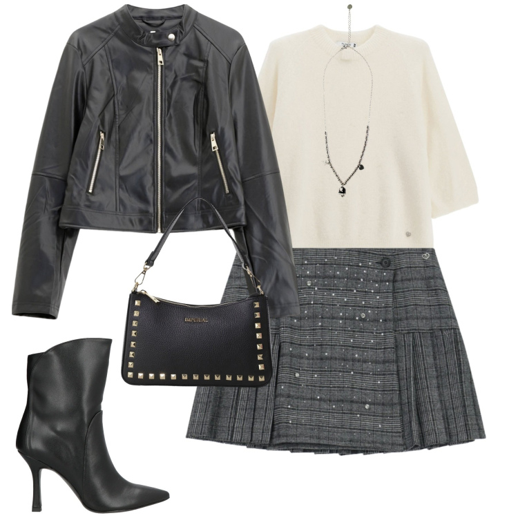 Outfit donna - City. Stile Urban per Tutti i giorni. Abbinamento con stivaletti, minigonne, pullovers, giacche, pochette, ciondoli.