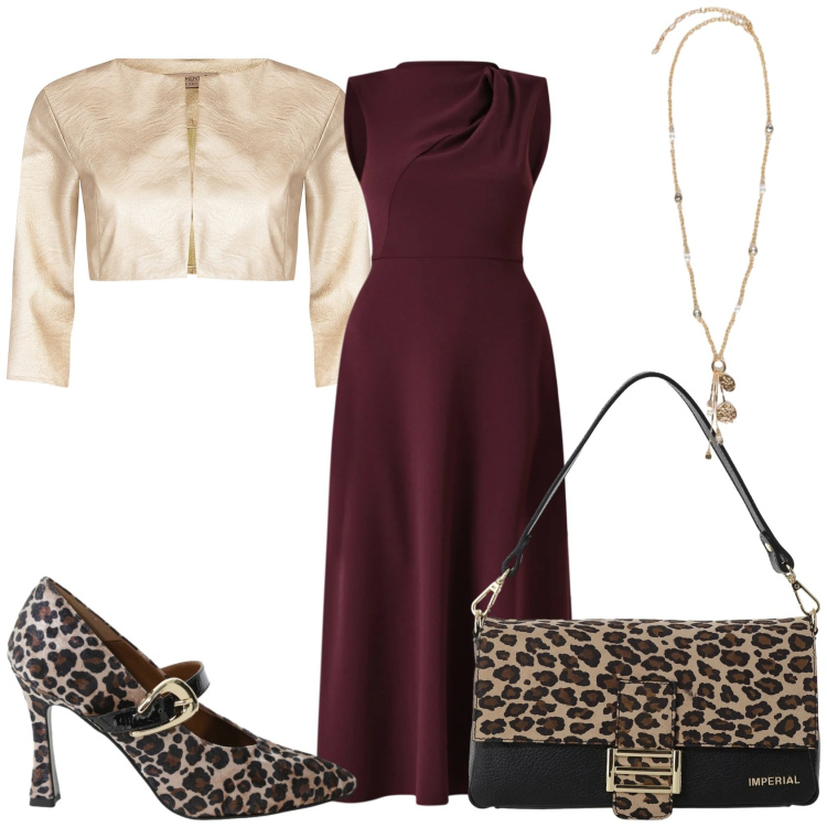 Outfit donna - Vestito lungo elegante. Stile Glamour per Serata fuori. Abbinamento con vestiti midi/longuette, bolero, décolleté, borse a spalla, ciondoli.
