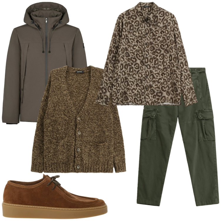 Outfit uomo - Fuori città. Stile Casual per Tutti i giorni. Abbinamento con pantaloni cargo, camicie, cardigans, scarpe stringate, giacche.