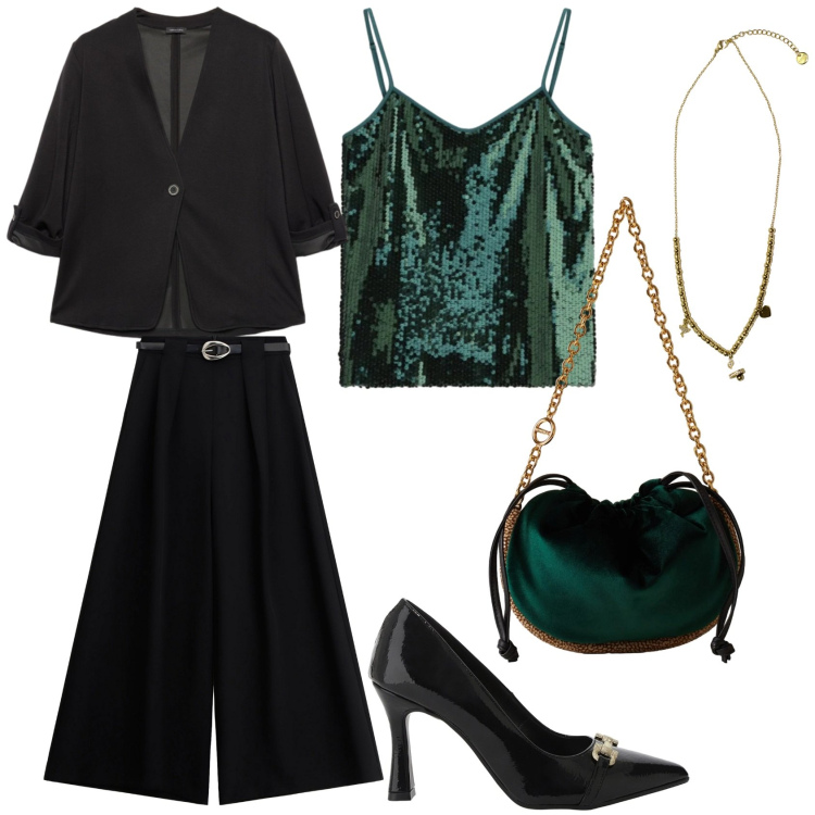Outfit donna - Green party. Stile Casual chic per Serata fuori. Abbinamento con top, pantaloni a palazzo, décolleté, ciondoli, borse a spalla, blazer.