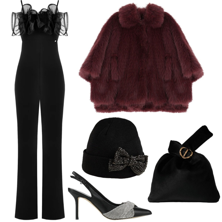 Outfit donna - Jumpsuit notte di capodanno. Stile Bon Ton per Serata fuori. Abbinamento con décolleté, cappelli, blazer, tute, borse a mano.