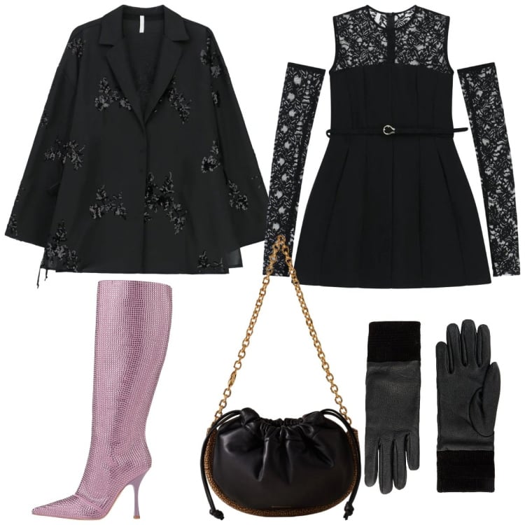 Outfit donna - Pink Christmas. Stile Glamour per Serata fuori. Abbinamento con stivali, guanti, vestiti corti, blazer, borse a spalla.