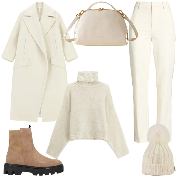 Outfit donna - Look romantico. Stile Chic per Tutti i giorni. Abbinamento con pantaloni, stivaletti, cappotti, maglieria, borse a mano, berretti.