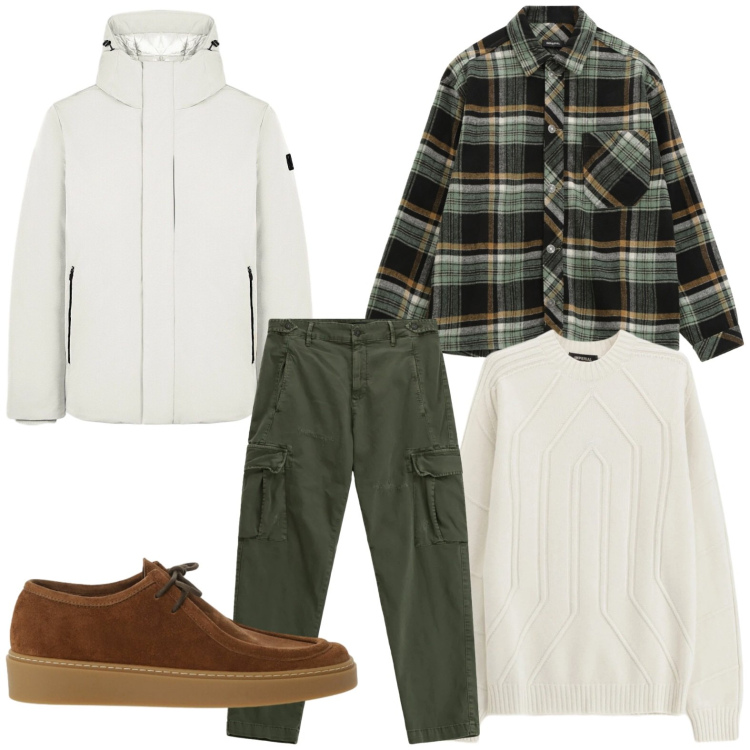 Outfit uomo - Look da montagna (anche in città). Stile Trendy per Tutti i giorni. Abbinamento con camicie, pullovers, pantaloni cargo, scarpe stringate, parka.