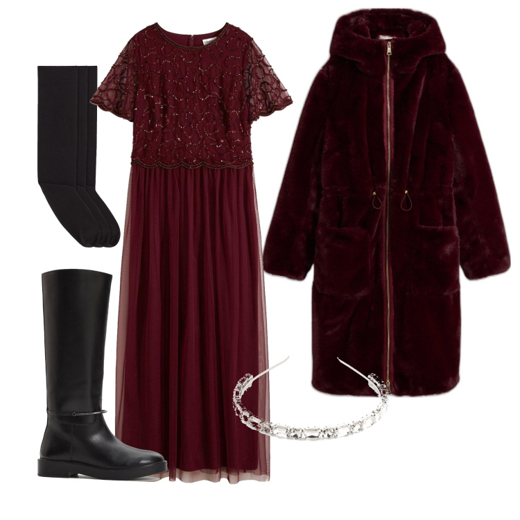Outfit femme - Décembre. Style Glamour pour Soirée dehors. Assortir avec manteaux, serre-têtes, robes longues, bottes, socquettes.