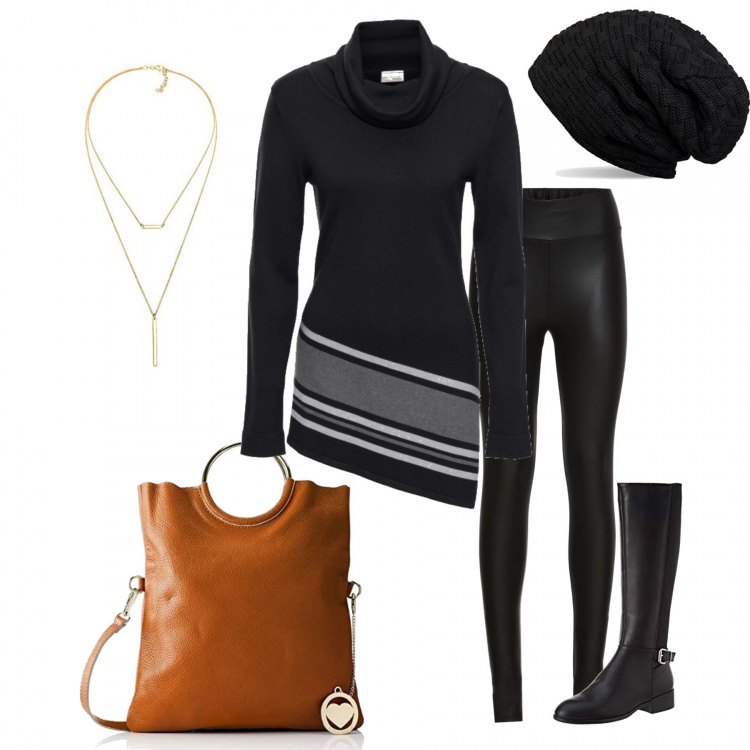 Outfit donna - La borsa fa colore. Stile Trendy per Tutti i giorni. Abbinamento con treggings, pullover a righe collo alto nero, borsa a tracolla marrone, stivali nero, berretti, collana in argento 925 certificato autenticità.