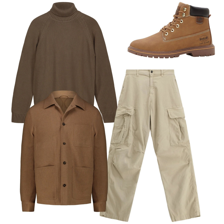 Outfit uomo - Total look. Stile Casual per Tutti i giorni. Abbinamento con stivali e stivaletti, pantaloni cargo, pullovers, cappotti.