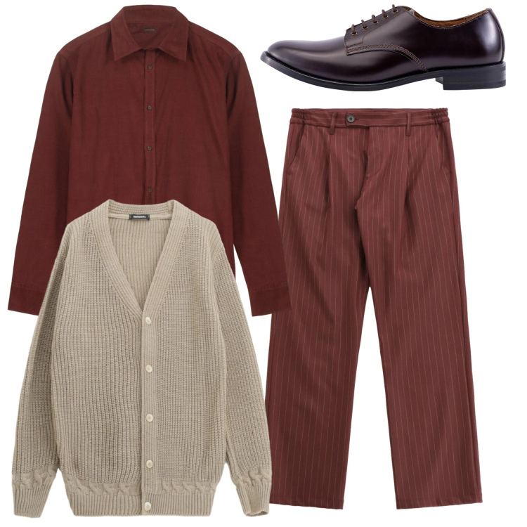 Outfit uomo - Total terracotta. Stile Casual per Tutti i giorni. Abbinamento con pantaloni, cardigans, scarpe stringate, camicie.