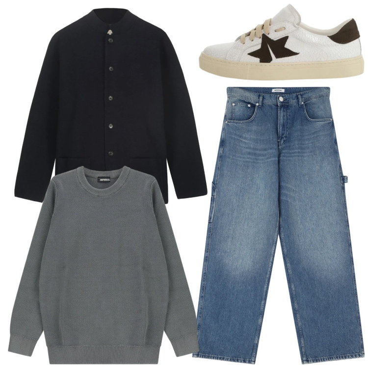 Outfit uomo - In città. Stile Casual per Tutti i giorni. Abbinamento con jeans, pullovers, sneakers, giacche.