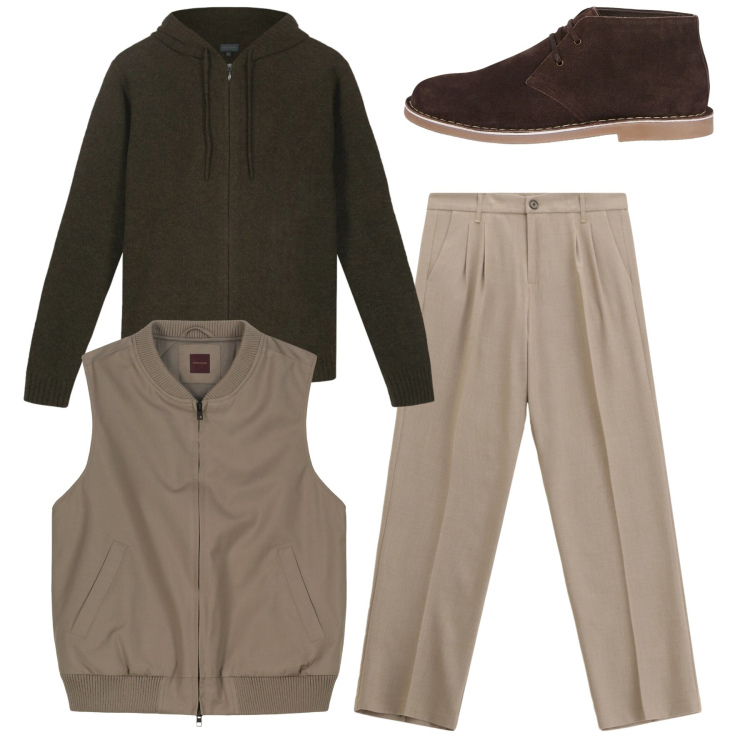 Outfit uomo - Total brown. Stile Casual per Tutti i giorni. Abbinamento con pantaloni, stivali e stivaletti, piumini, felpe con cappuccio.