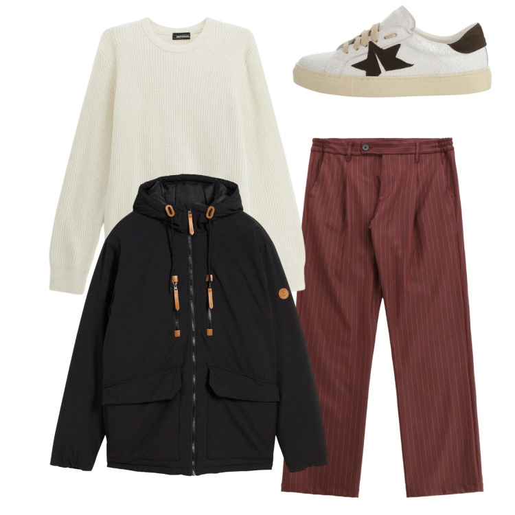 Outfit uomo - Al caldo. Stile Casual per Tutti i giorni. Abbinamento con piumini, pantaloni, maglieria, sneakers.