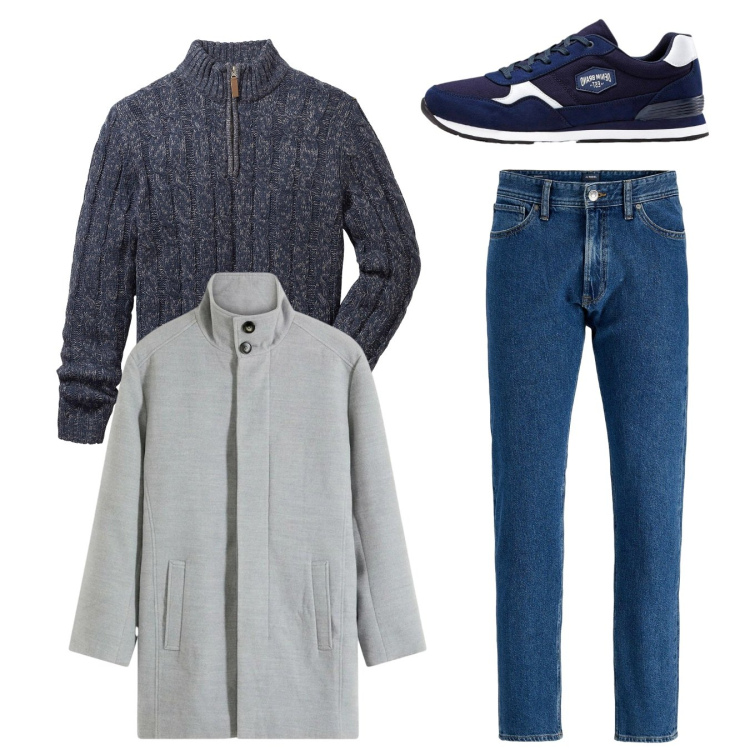 Outfit uomo - Total look. Stile Casual per Tutti i giorni. Abbinamento con maglieria, sneakers, jeans, cappotti.