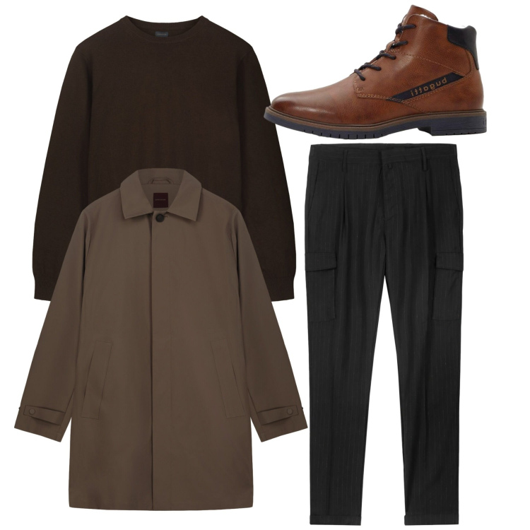 Outfit uomo - I cargo in città. Stile Casual per Tutti i giorni. Abbinamento con anfibi, trench, pantaloni cargo, maglieria.