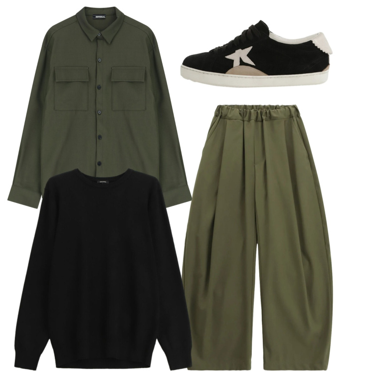 Outfit uomo - Oliva e nero. Stile Casual per Tutti i giorni. Abbinamento con maglieria, pantaloni, camicie, sneakers.