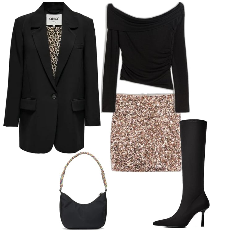 Outfit mujer - Chic #13625. Estilo Chic para Noche/Fiesta elegante. Combinación con top, minifaldas, botas, blazers, bolsos de mano.
