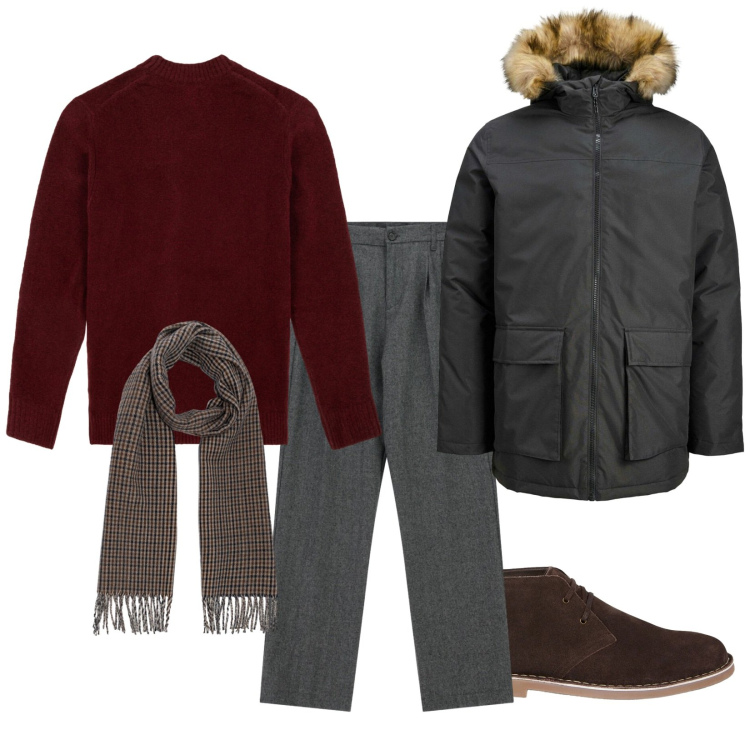 Outfit uomo - Total look #2306692. Stile Casual per Serata speciale. Abbinamento con parka, pantaloni, stivali e stivaletti, maglieria, sciarpe.