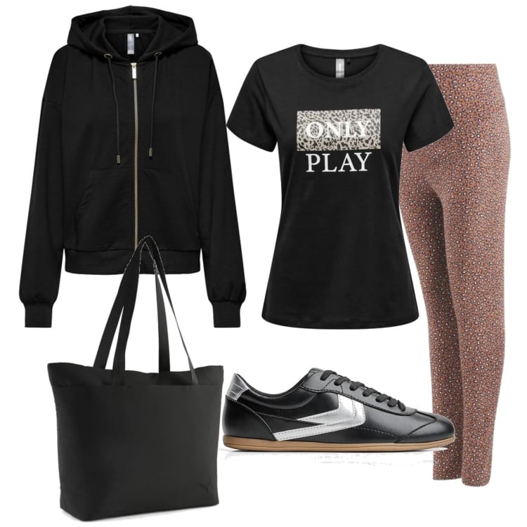 Outfit mujer - Basic #6653. Estilo Basic para Deporte. Combinación con leggings, bolso tote, sudaderas con capucha, camiseta, sneakers.