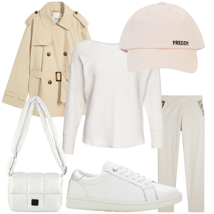 Outfit donna - Bianco candore. Stile Casual per Tutti i giorni. Abbinamento con maglieria, sneakers, trench, cappelli con visiera, pantaloni, borse a spalla.