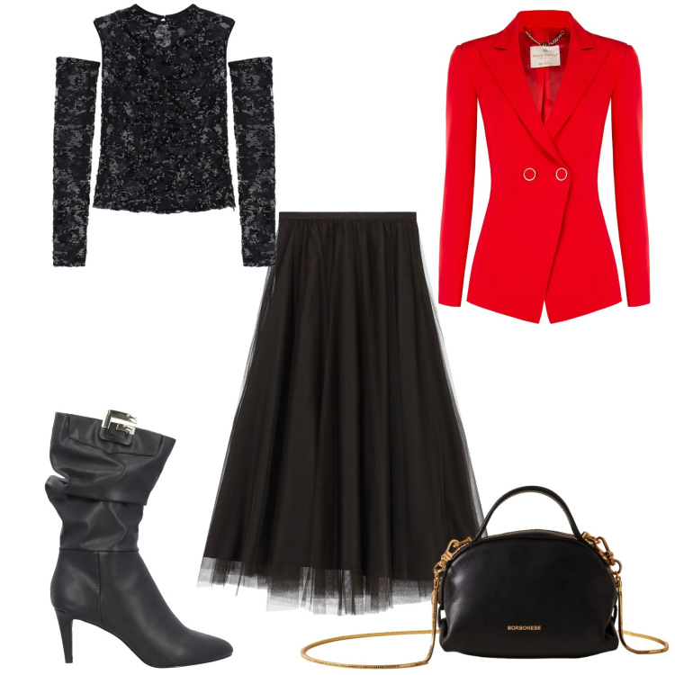Outfit donna - Look per le feste. Stile Glamour per Serata fuori. Abbinamento con stivali, gonne lunghe, top, borse a mano, blazer.