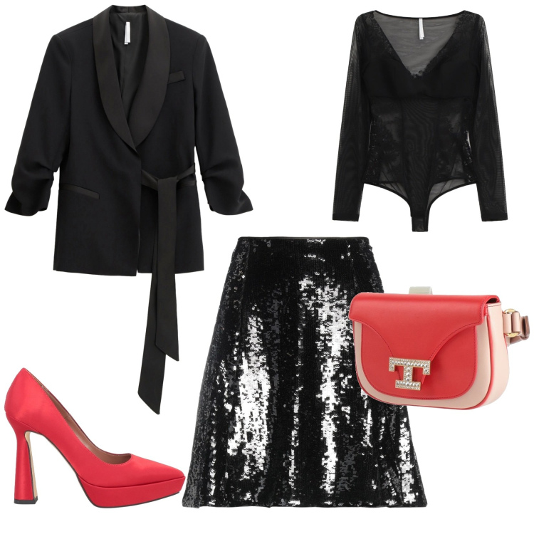 Outfit donna - Look delle feste. Stile Glamour per Serata fuori. Abbinamento con minigonne, décolleté, marsupi, blazer, body.