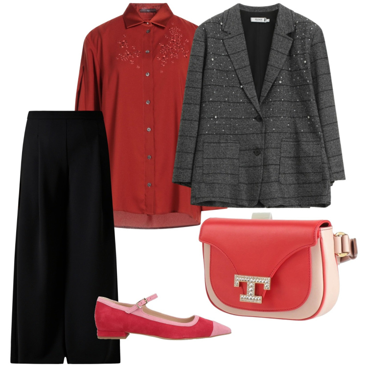 Outfit donna - Ultimo giorno di lavoro. per Ufficio. Abbinamento con camicie, marsupi, ballerine, blazer, pantaloni a palazzo.