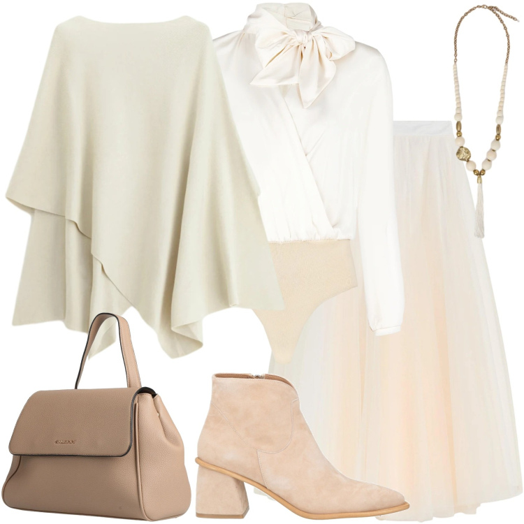 Outfit donna - Sofisticata in bianco!. Stile Chic per Serata fuori. Abbinamento con gonne lunghe, stivaletti texani, zaini, maglieria, bluse, ciondoli.