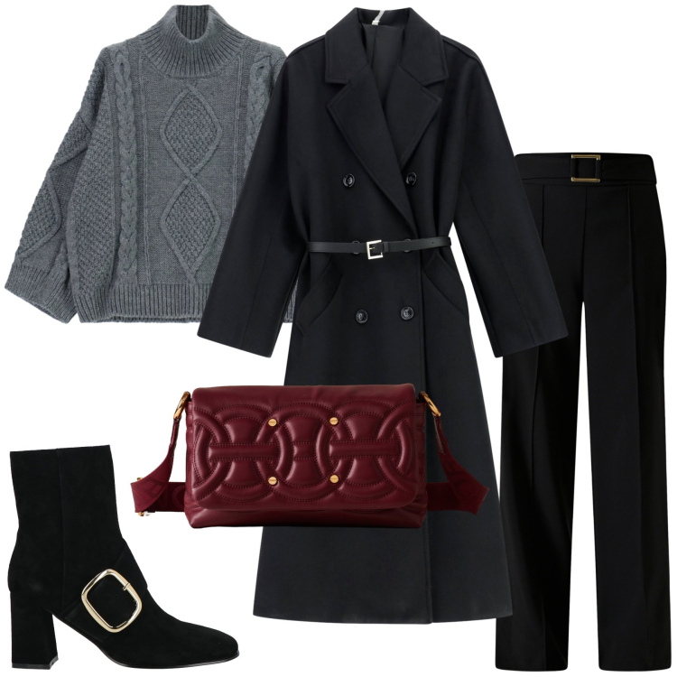 Outfit donna - Borsa rossa abbinata al nero. Stile Casual chic per Tutti i giorni. Abbinamento con stivaletti, maglieria, cappotti, pantaloni, borse a tracolla.