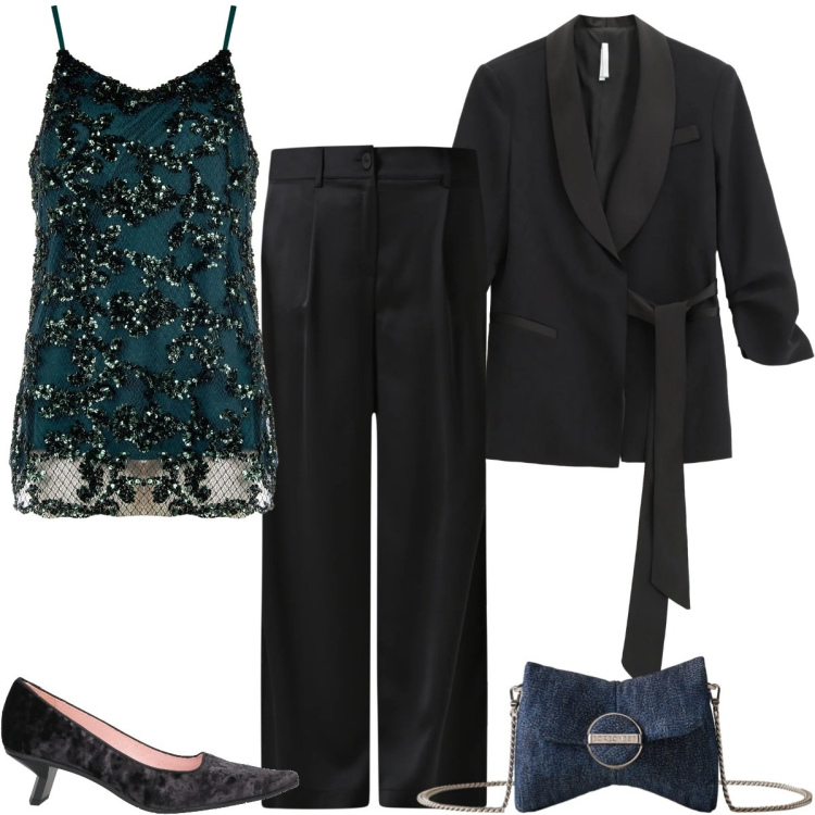 Outfit donna - Paillettes, raso e satin. Stile Glamour per Serata fuori. Abbinamento con décolleté, pantaloni, canottiere, blazer, borse a spalla.
