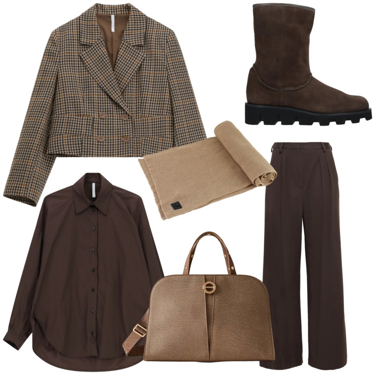 Outfit donna - British style. Stile Trendy per Tutti i giorni. Abbinamento con pantaloni, stivaletti, blazer, camicie, borse a mano, sciarpe.