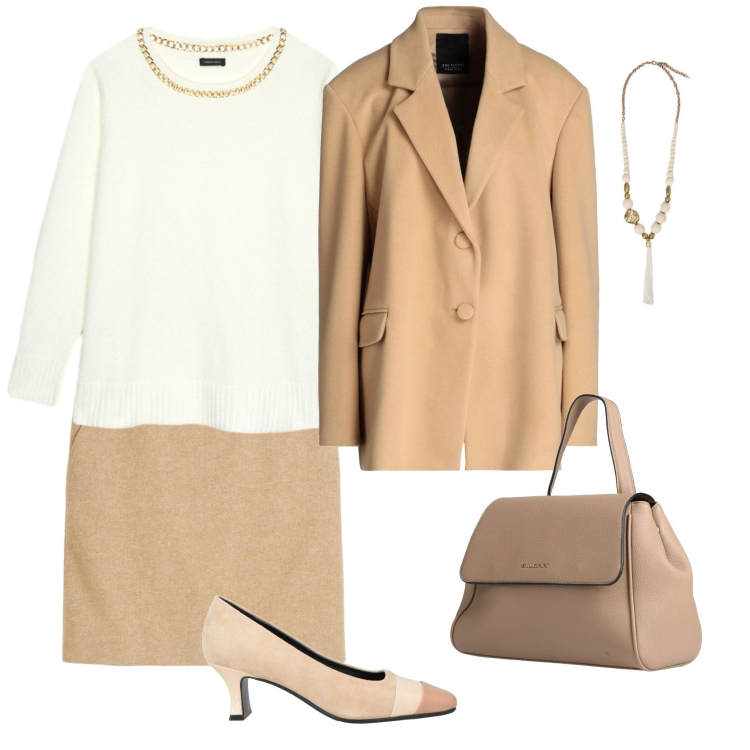 Outfit donna - Total look #2306761. Stile Casual chic per Ufficio. Abbinamento con gonne, décolleté, zaini, cappotti, maglieria, ciondoli.