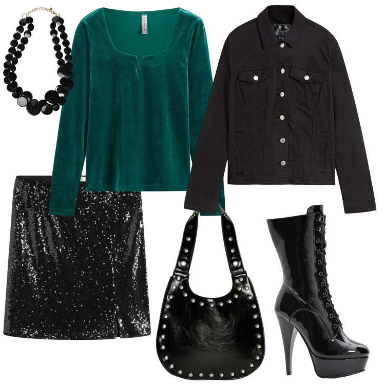 Outfit donna - Total look #2306765. Stile Chic per Serata fuori. Abbinamento con maglieria, blazer, stivaletti, minigonne, borse a spalla, collane.