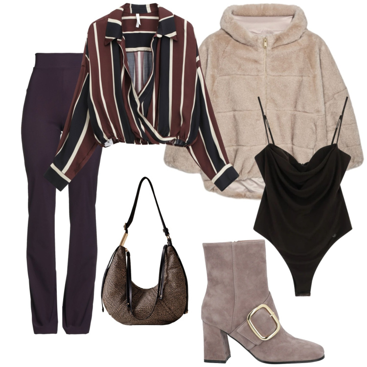 Outfit donna - Total look #2306784. Stile Casual chic per Serata fuori. Abbinamento con stivaletti, leggings, body, camicie, borse a spalla, ecopellicce.