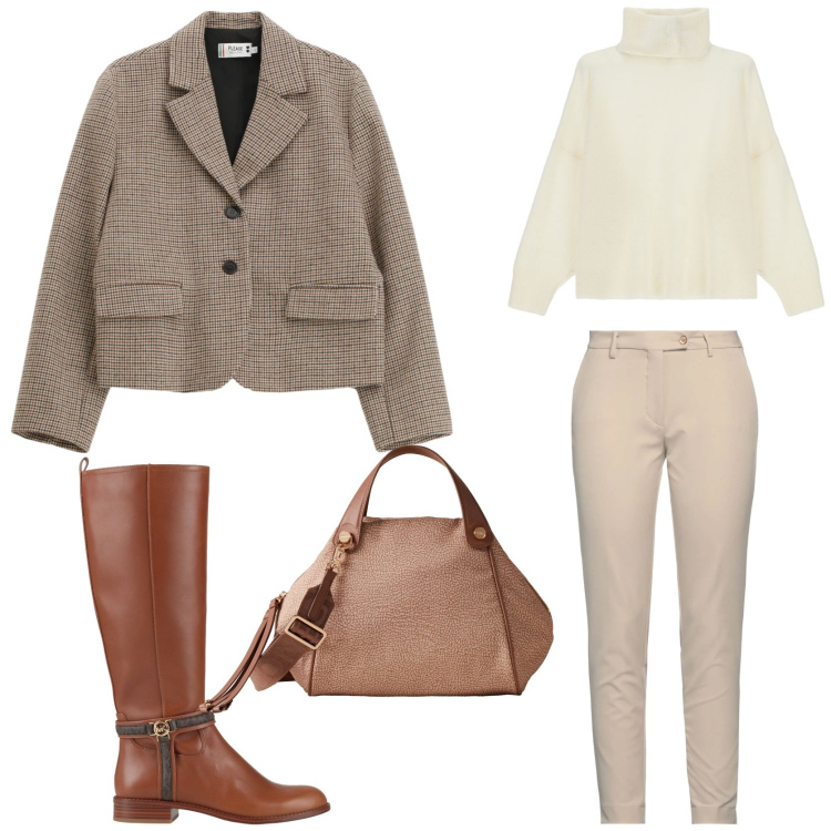 Outfit donna - Old Money style. Stile Chic per Tutti i giorni. Abbinamento con pantaloni, stivali, blazer, maglieria, borse a mano.