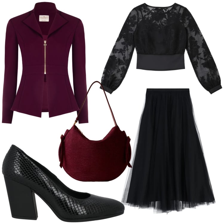 Outfit donna - Cena di compleanno. Stile Romantica per Serata fuori. Abbinamento con décolleté, blazer, bluse, gonne lunghe, borse a spalla.