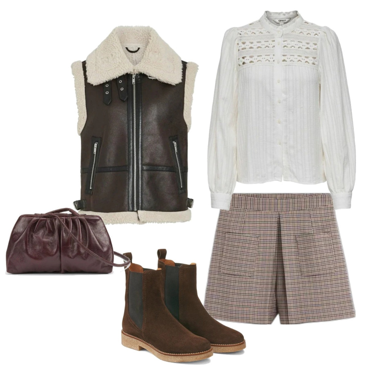 Outfit mujer - Casual chic #20303. Estilo Casual chic para Todos los días. Combinación con blusas, botines, chalecos, bolsos de mano, shorts.