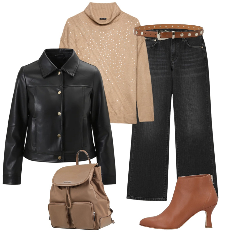 Outfit donna - Shiny in viaggio. Stile Casual per Tutti i giorni. Abbinamento con zaini, stivaletti, pantaloni, giacche, cinture, maglieria.